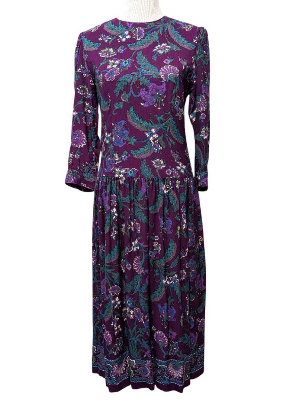 Vintage Lanz Originals Sz 6 Purple Teal Floral Drop Waist Country Cottage Dress
